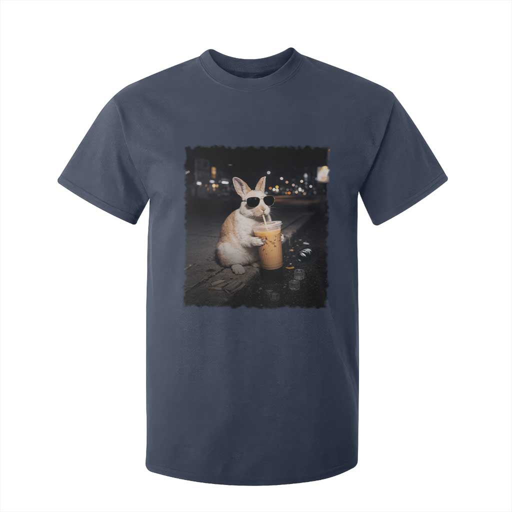 Funny Bunny Drinking Iced Coffee T Shirt For Kid Animal Meme Viral Internet TS14 Navy Print Your Wear
