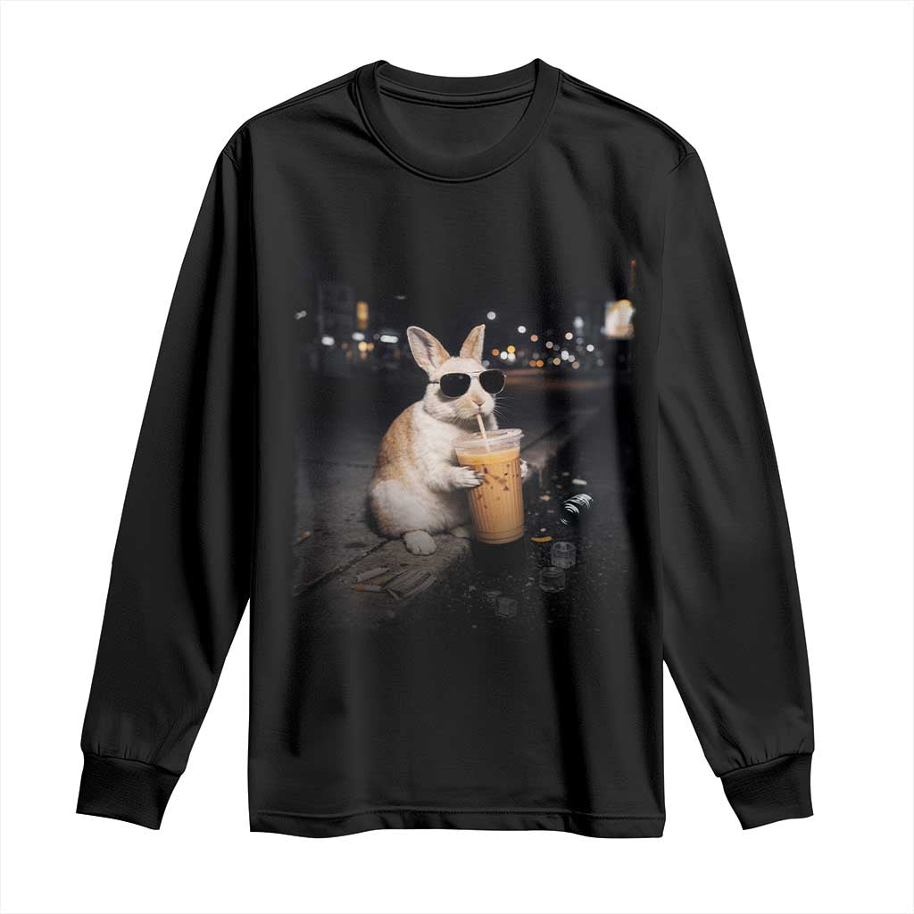 Funny Bunny Drinking Iced Coffee Long Sleeve Shirt Animal Meme Viral Internet TS14 Black Print Your Wear