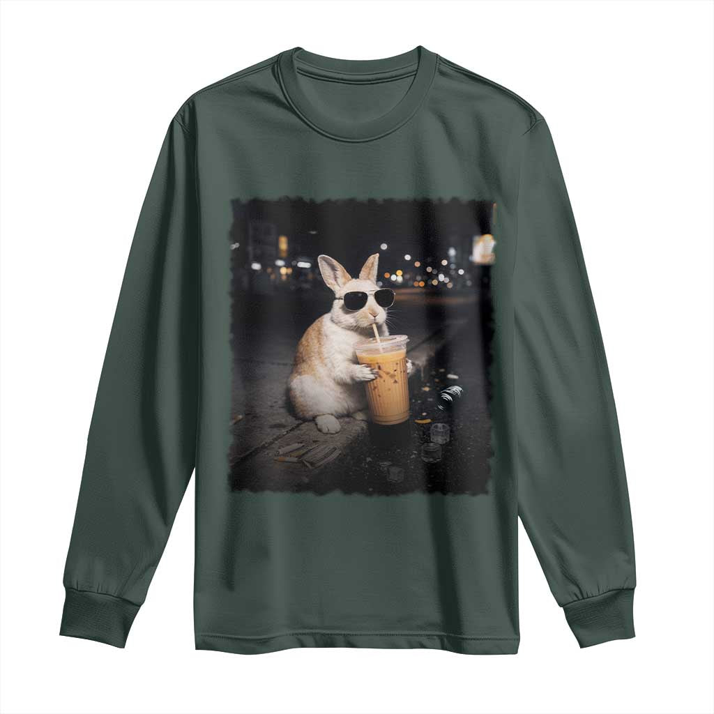 Funny Bunny Drinking Iced Coffee Long Sleeve Shirt Animal Meme Viral Internet TS14 Dark Forest Green Print Your Wear