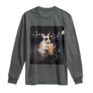 Funny Bunny Drinking Iced Coffee Long Sleeve Shirt Animal Meme Viral Internet TS14 Dark Heather Print Your Wear