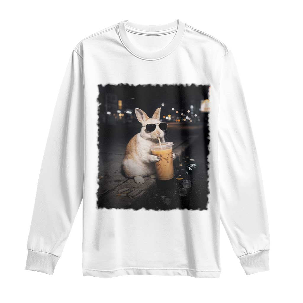 Funny Bunny Drinking Iced Coffee Long Sleeve Shirt Animal Meme Viral Internet TS14 White Print Your Wear