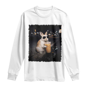 Funny Bunny Drinking Iced Coffee Long Sleeve Shirt Animal Meme Viral Internet TS14 White Print Your Wear