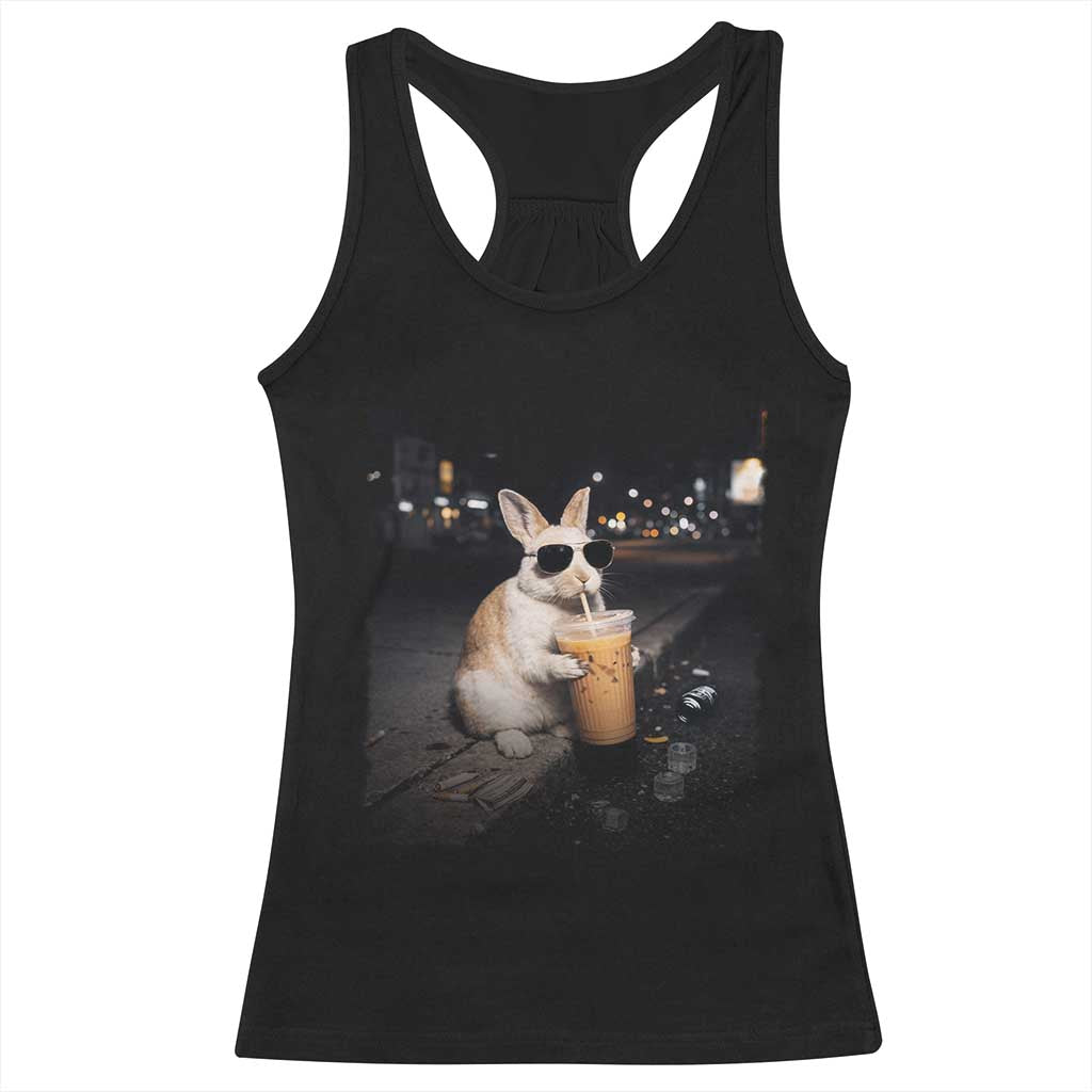 Funny Bunny Drinking Iced Coffee Racerback Tank Top Animal Meme Viral Internet TS14 Black Print Your Wear