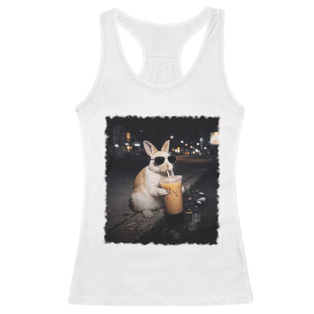 Funny Bunny Drinking Iced Coffee Racerback Tank Top Animal Meme Viral Internet TS14 White Print Your Wear