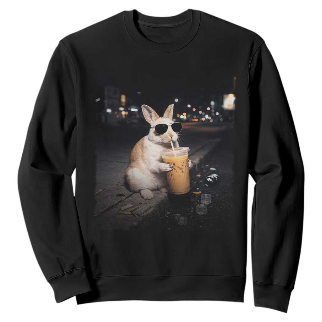 Funny Bunny Drinking Iced Coffee Sweatshirt Animal Meme Viral Internet TS14 Black Print Your Wear