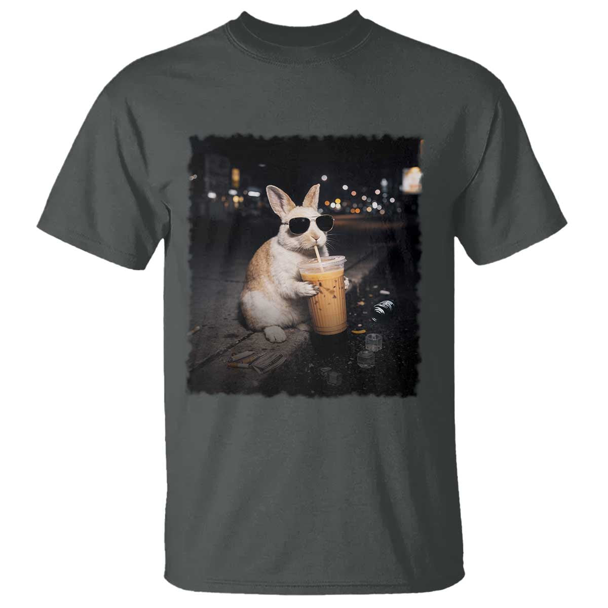 Funny Bunny Drinking Iced Coffee T Shirt Animal Meme Viral Internet TS14 Dark Heather Print Your Wear