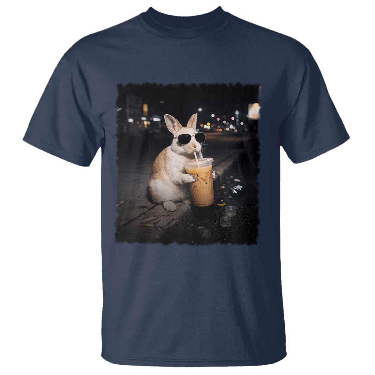 Funny Bunny Drinking Iced Coffee T Shirt Animal Meme Viral Internet TS14 Navy Print Your Wear