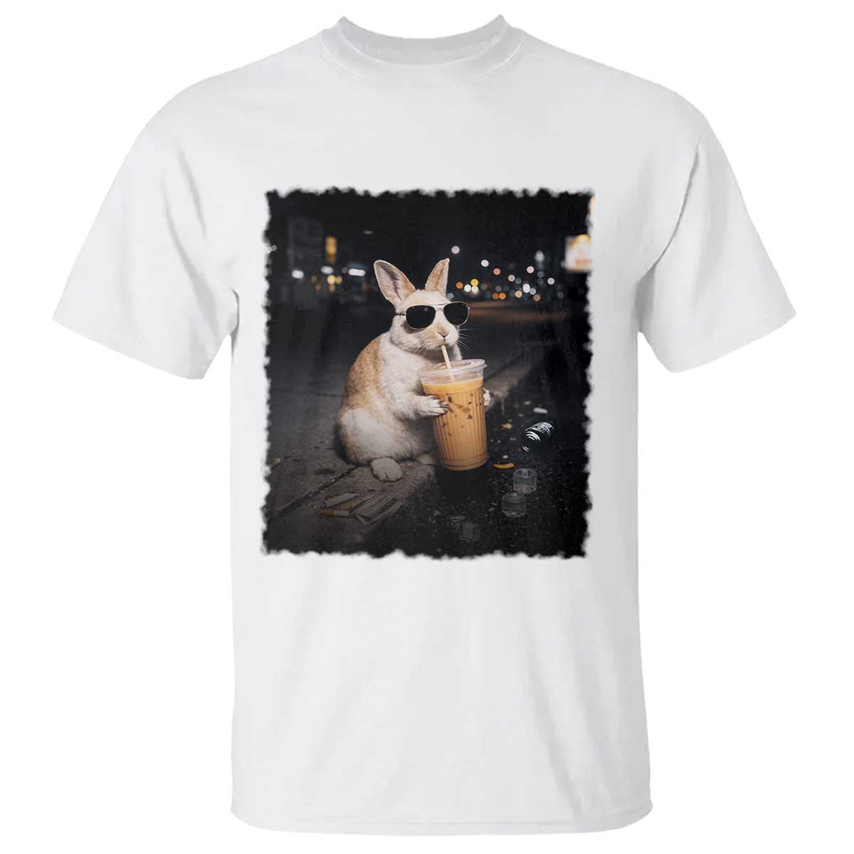 Funny Bunny Drinking Iced Coffee T Shirt Animal Meme Viral Internet TS14 White Print Your Wear