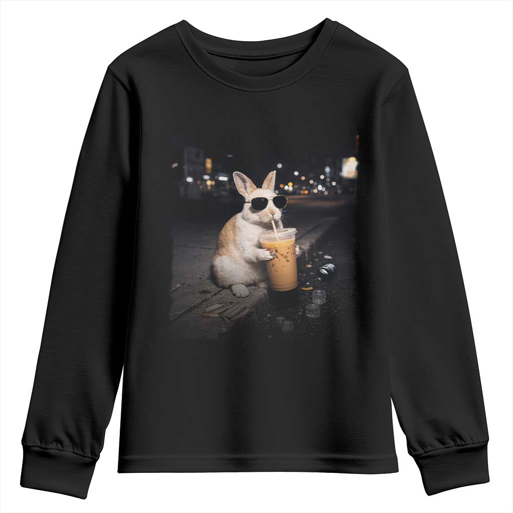 Funny Bunny Drinking Iced Coffee Youth Sweatshirt Animal Meme Viral Internet TS14 Black Print Your Wear