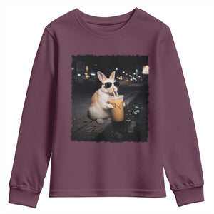 Funny Bunny Drinking Iced Coffee Youth Sweatshirt Animal Meme Viral Internet TS14 Maroon Print Your Wear