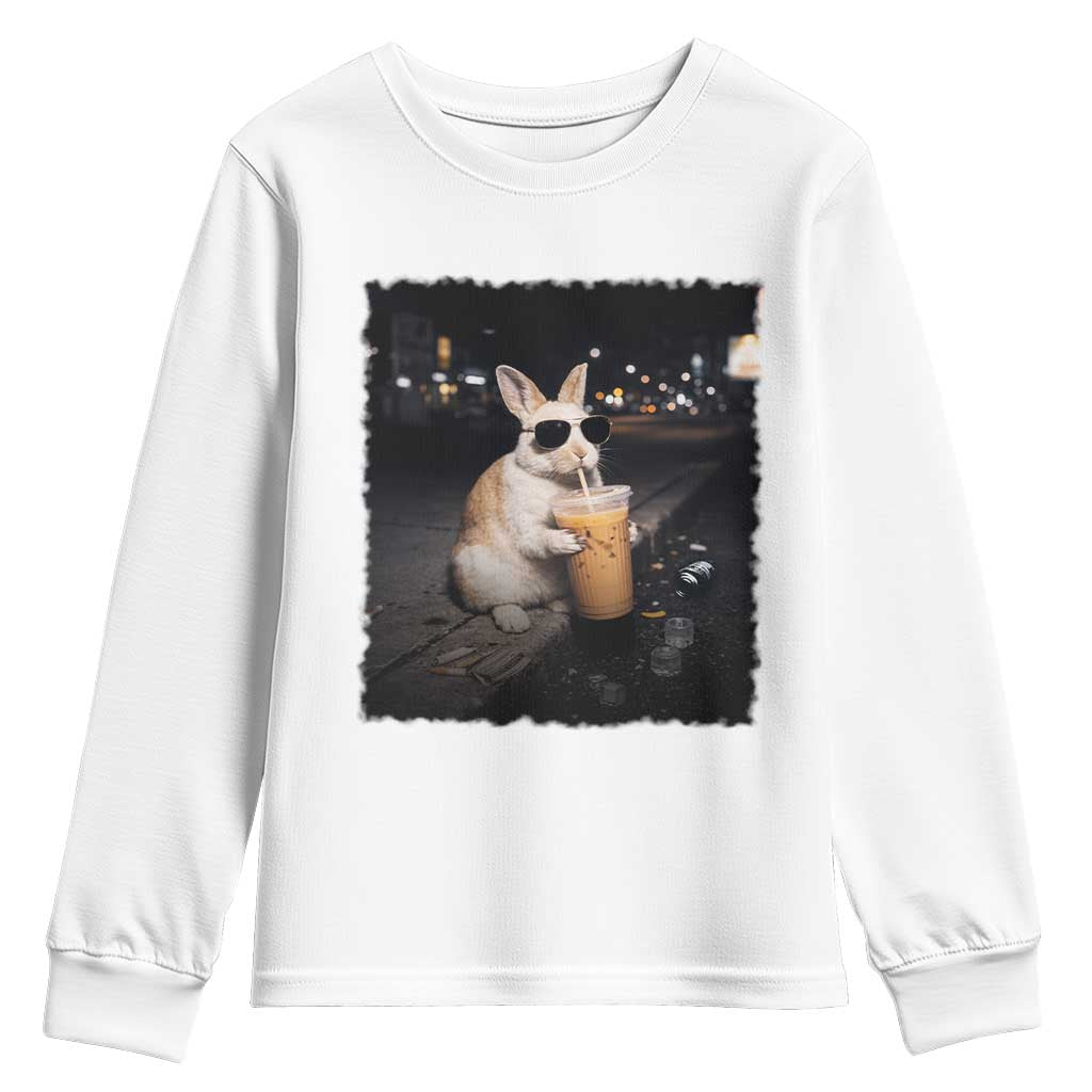 Funny Bunny Drinking Iced Coffee Youth Sweatshirt Animal Meme Viral Internet TS14 White Print Your Wear