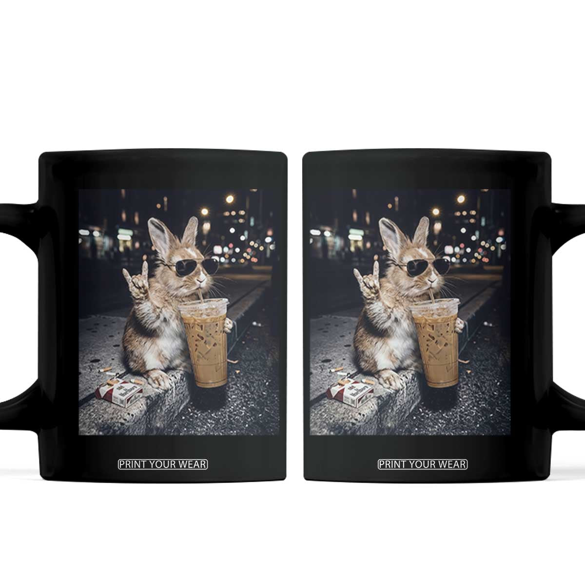 Funny Bunny Drinking Iced Coffee Coffee Mug Vintage 90s Graphic Meme TS14 Black Print Your Wear