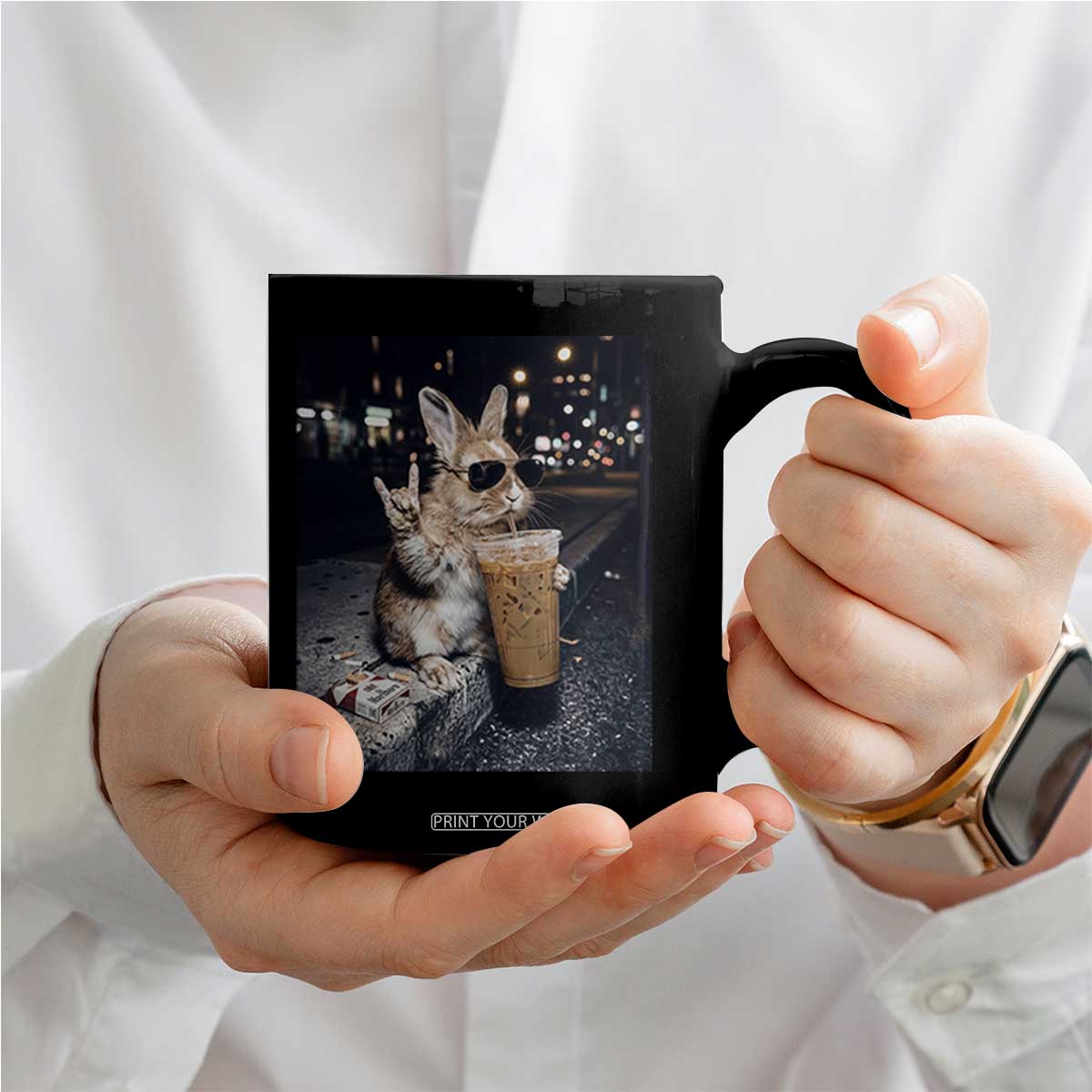 Funny Bunny Drinking Iced Coffee Coffee Mug Vintage 90s Graphic Meme TS14 Print Your Wear