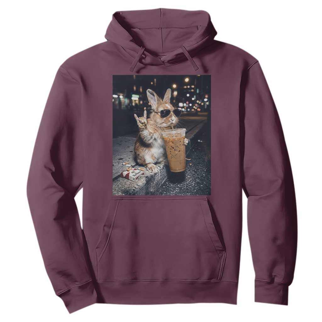 Funny Bunny Drinking Iced Coffee Hoodie Vintage 90s Graphic Meme TS14 Maroon Print Your Wear