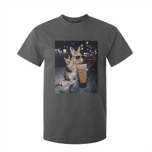 Funny Bunny Drinking Iced Coffee T Shirt For Kid Vintage 90s Graphic Meme TS14 Dark Heather Print Your Wear