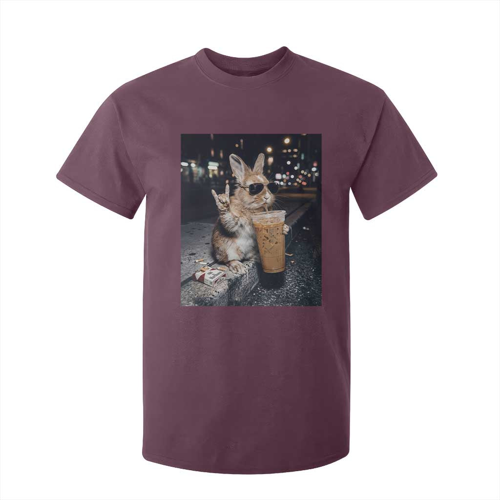 Funny Bunny Drinking Iced Coffee T Shirt For Kid Vintage 90s Graphic Meme TS14 Maroon Print Your Wear