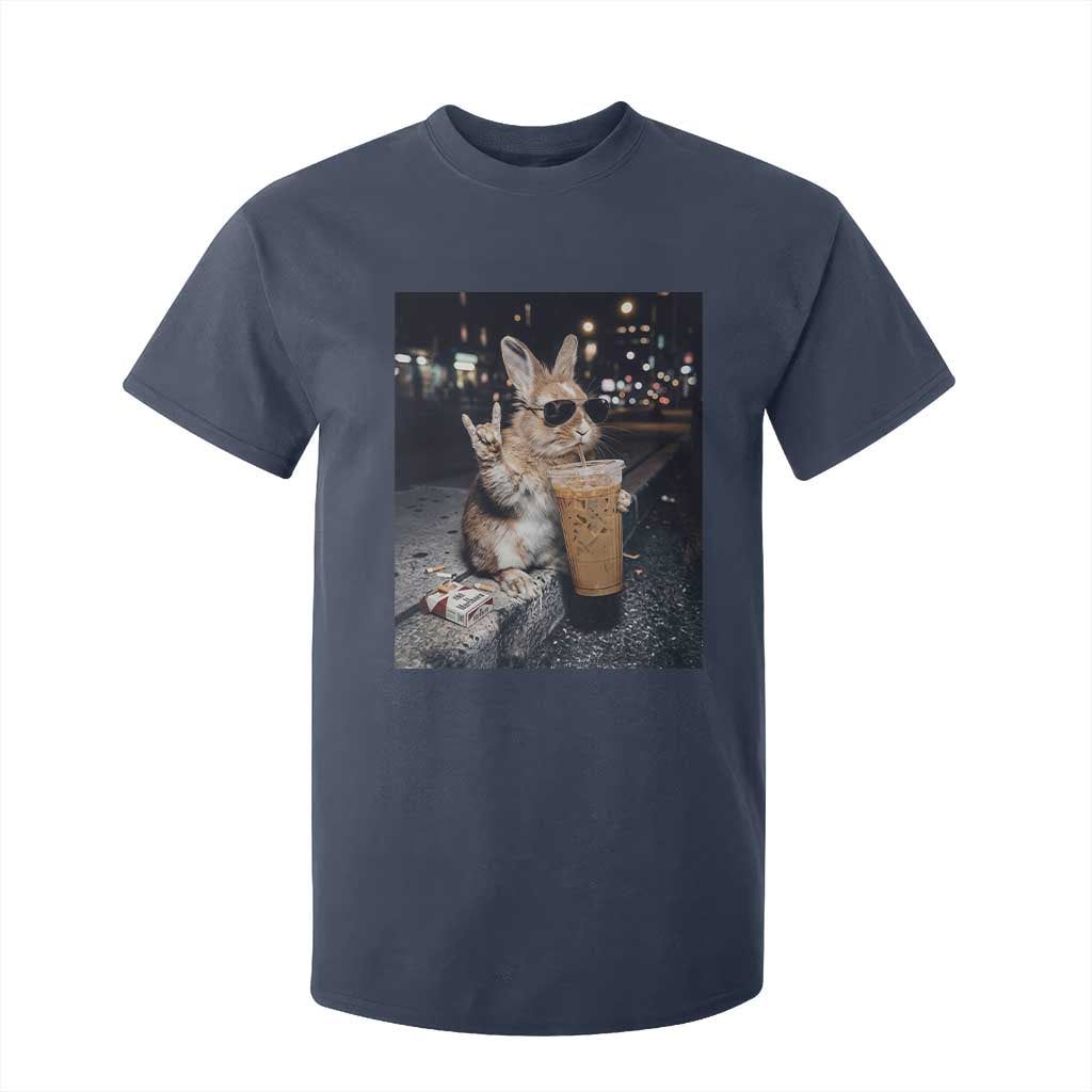 Funny Bunny Drinking Iced Coffee T Shirt For Kid Vintage 90s Graphic Meme TS14 Navy Print Your Wear