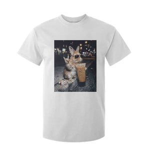 Funny Bunny Drinking Iced Coffee T Shirt For Kid Vintage 90s Graphic Meme TS14 White Print Your Wear