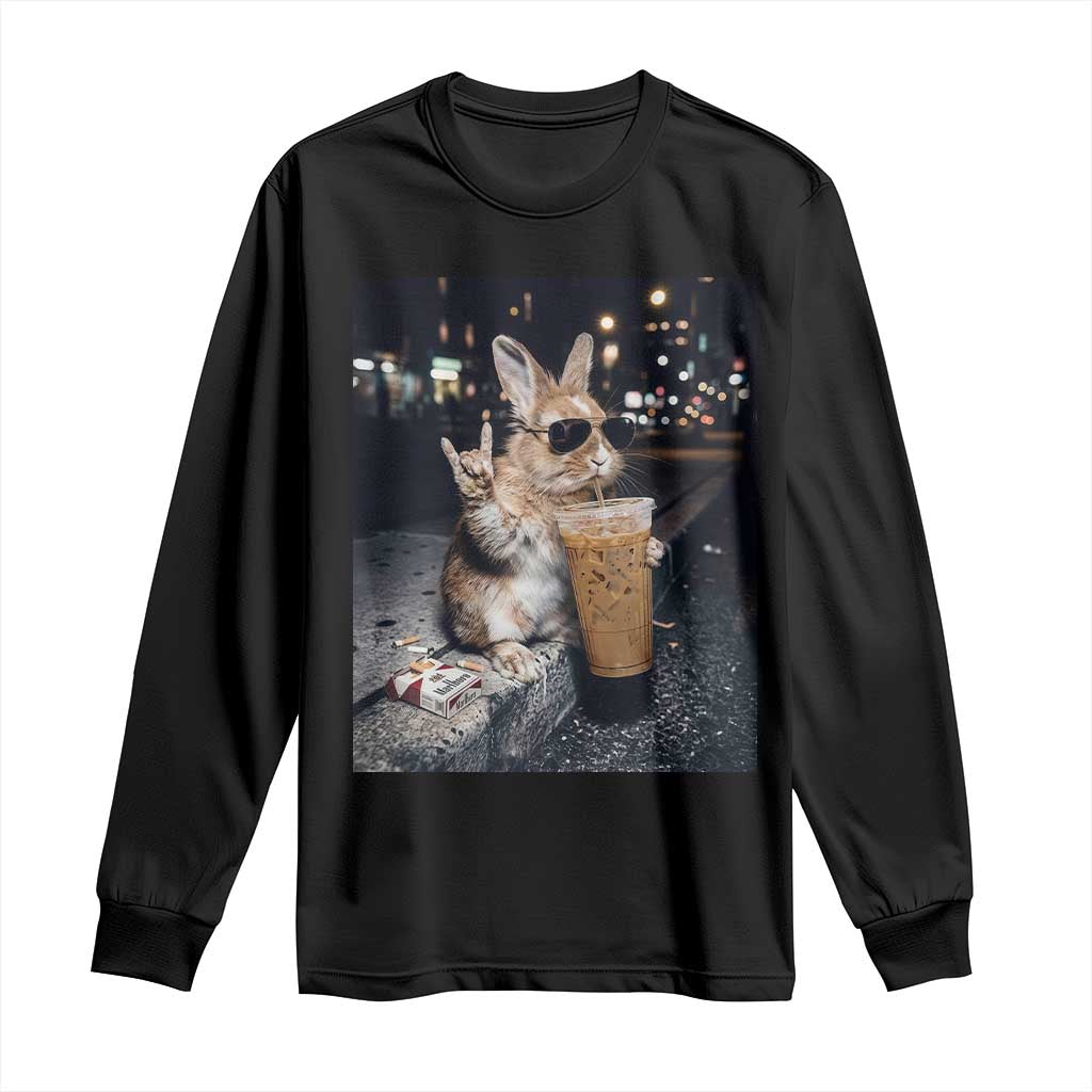 Funny Bunny Drinking Iced Coffee Long Sleeve Shirt Vintage 90s Graphic Meme TS14 Black Print Your Wear