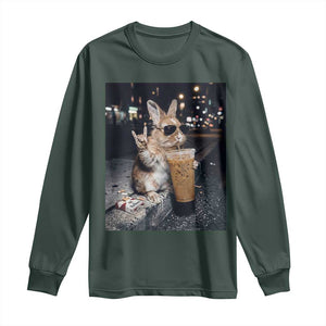 Funny Bunny Drinking Iced Coffee Long Sleeve Shirt Vintage 90s Graphic Meme TS14 Dark Forest Green Print Your Wear
