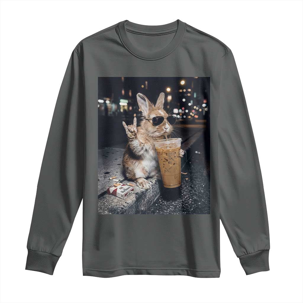 Funny Bunny Drinking Iced Coffee Long Sleeve Shirt Vintage 90s Graphic Meme TS14 Dark Heather Print Your Wear