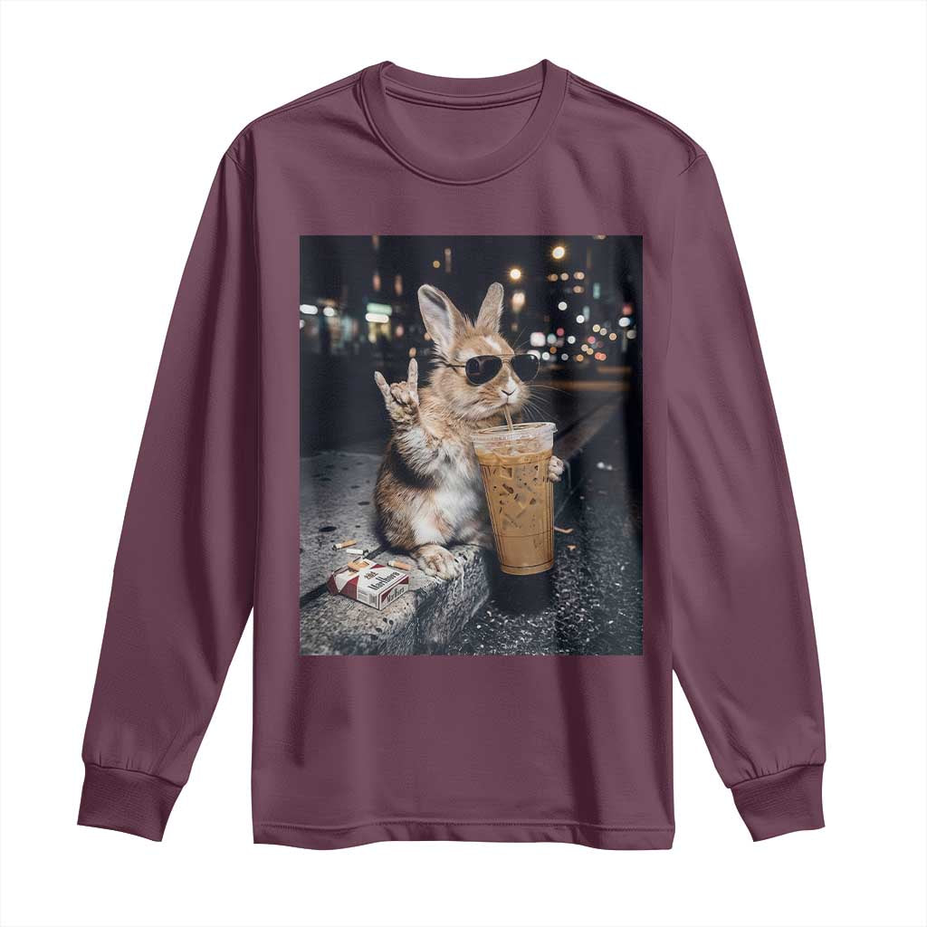 Funny Bunny Drinking Iced Coffee Long Sleeve Shirt Vintage 90s Graphic Meme TS14 Maroon Print Your Wear