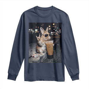 Funny Bunny Drinking Iced Coffee Long Sleeve Shirt Vintage 90s Graphic Meme TS14 Navy Print Your Wear