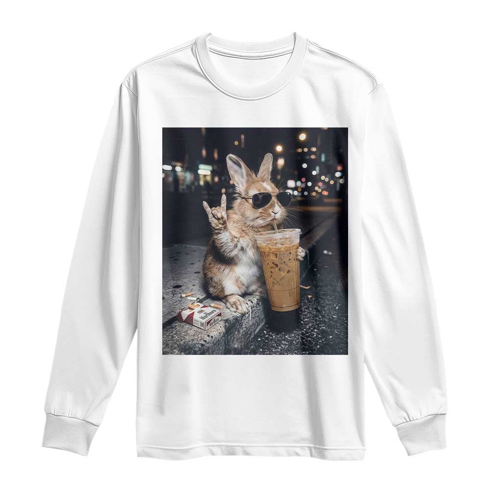 Funny Bunny Drinking Iced Coffee Long Sleeve Shirt Vintage 90s Graphic Meme TS14 White Print Your Wear