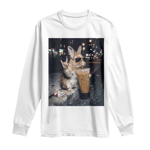 Funny Bunny Drinking Iced Coffee Long Sleeve Shirt Vintage 90s Graphic Meme TS14 White Print Your Wear