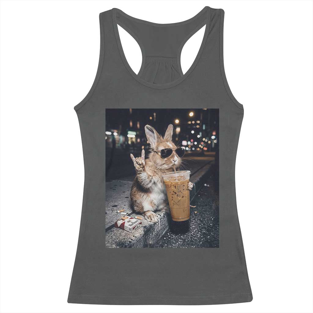 Funny Bunny Drinking Iced Coffee Racerback Tank Top Vintage 90s Graphic Meme TS14 Dark Heather Print Your Wear