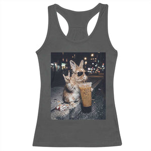 Funny Bunny Drinking Iced Coffee Racerback Tank Top Vintage 90s Graphic Meme TS14 Dark Heather Print Your Wear