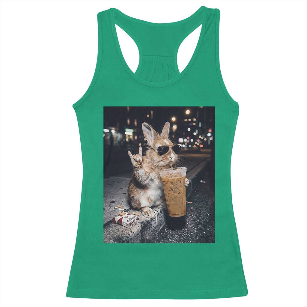 Funny Bunny Drinking Iced Coffee Racerback Tank Top Vintage 90s Graphic Meme TS14 Irish Green Print Your Wear