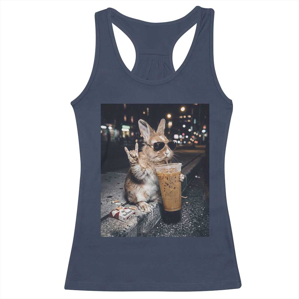 Funny Bunny Drinking Iced Coffee Racerback Tank Top Vintage 90s Graphic Meme TS14 Navy Print Your Wear