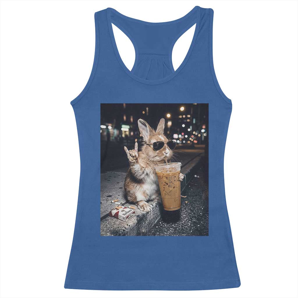 Funny Bunny Drinking Iced Coffee Racerback Tank Top Vintage 90s Graphic Meme TS14 Royal Blue Print Your Wear