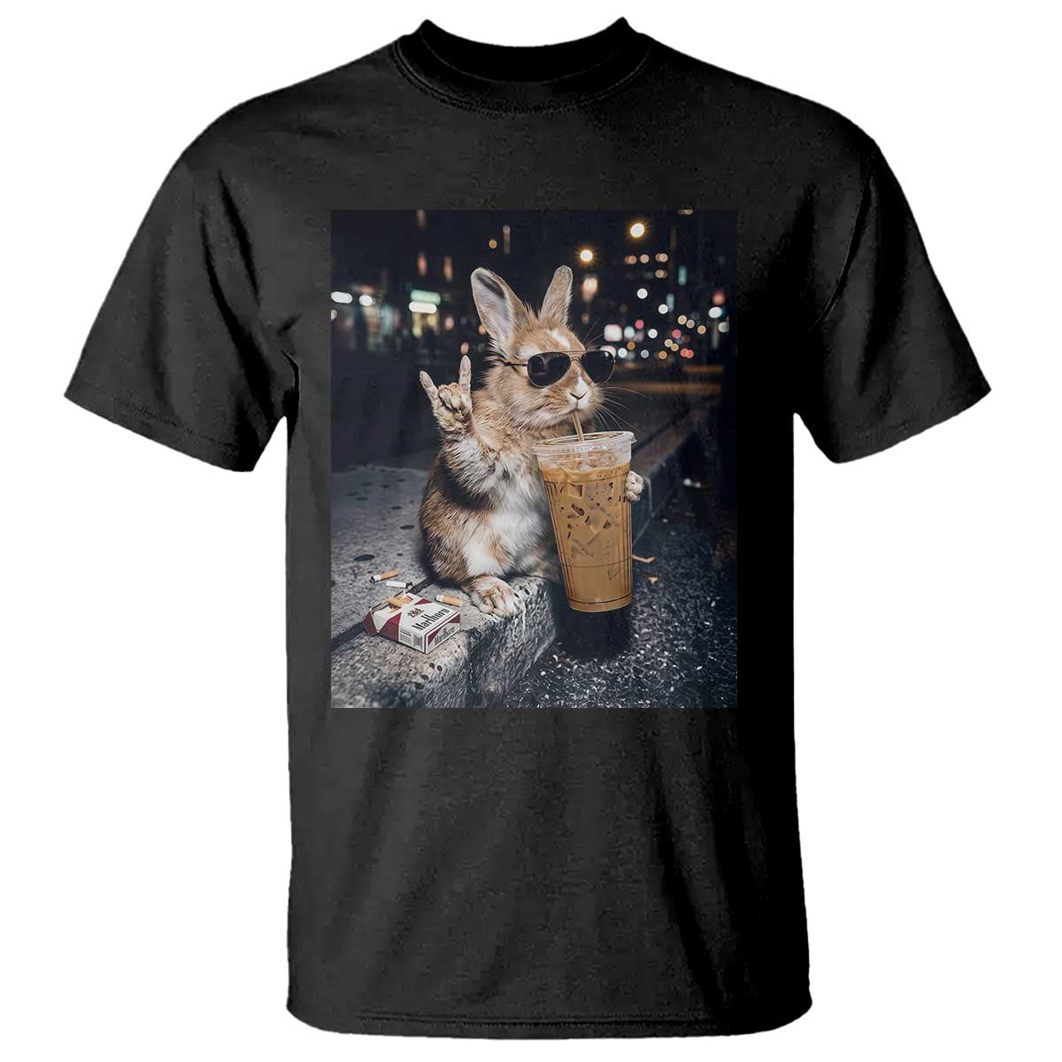 Funny Bunny Drinking Iced Coffee T Shirt Vintage 90s Graphic Meme TS14 Black Print Your Wear