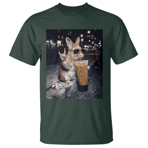 Funny Bunny Drinking Iced Coffee T Shirt Vintage 90s Graphic Meme TS14 Dark Forest Green Print Your Wear