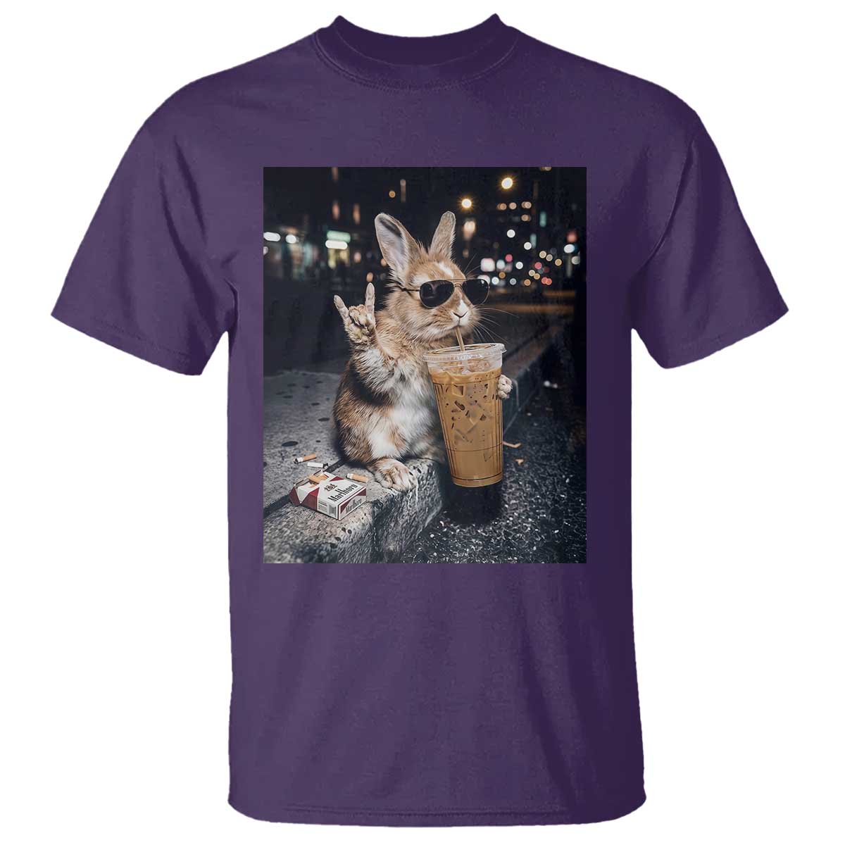 Funny Bunny Drinking Iced Coffee T Shirt Vintage 90s Graphic Meme TS14 Purple Print Your Wear