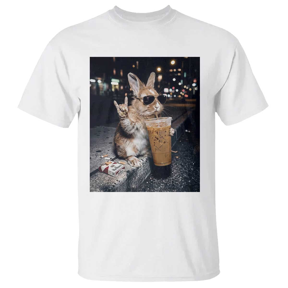Funny Bunny Drinking Iced Coffee T Shirt Vintage 90s Graphic Meme TS14 White Print Your Wear