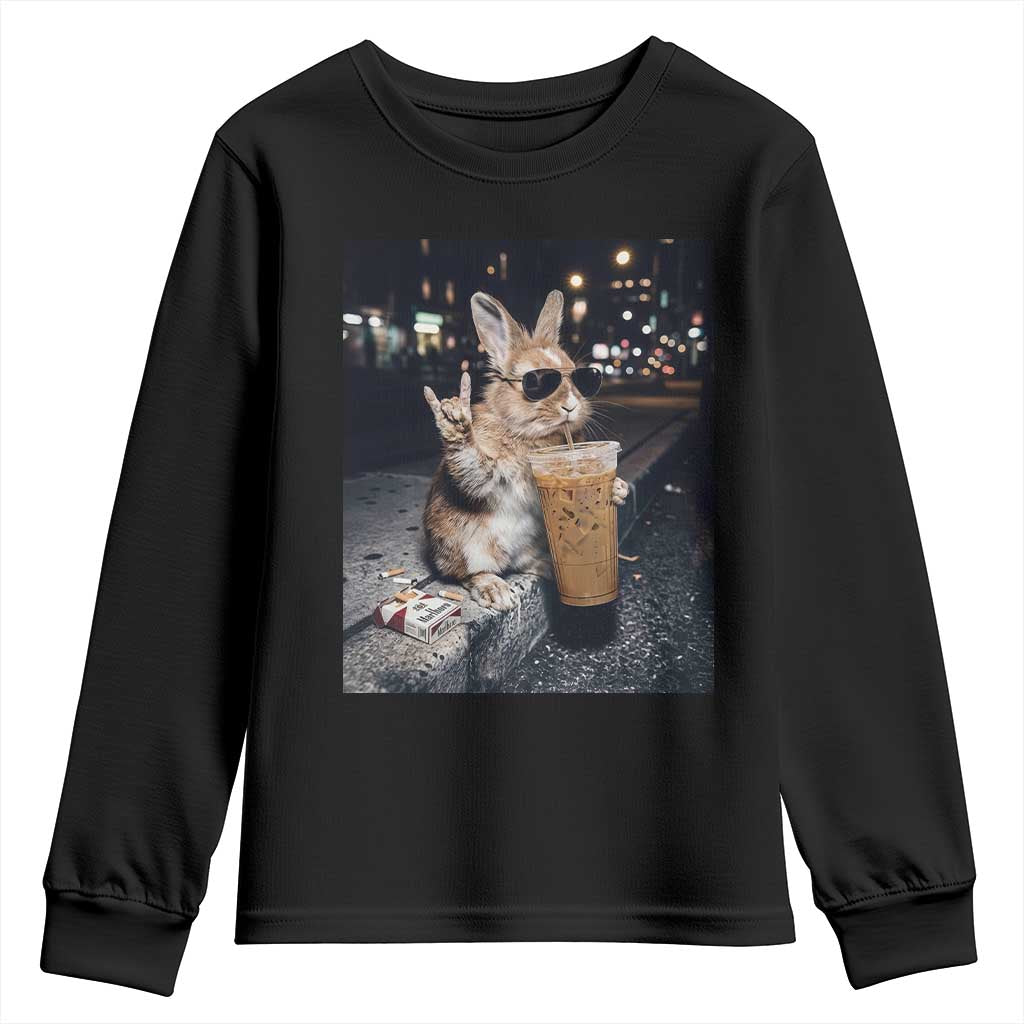 Funny Bunny Drinking Iced Coffee Youth Sweatshirt Vintage 90s Graphic Meme TS14 Black Print Your Wear