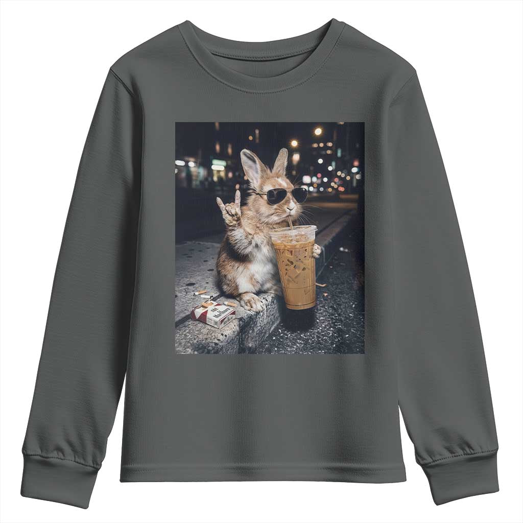 Funny Bunny Drinking Iced Coffee Youth Sweatshirt Vintage 90s Graphic Meme TS14 Dark Heather Print Your Wear