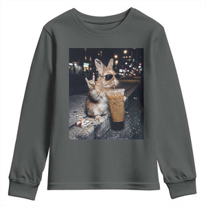 Funny Bunny Drinking Iced Coffee Youth Sweatshirt Vintage 90s Graphic Meme TS14 Dark Heather Print Your Wear