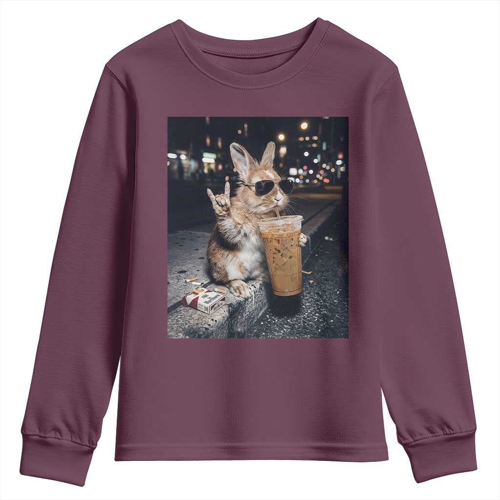 Funny Bunny Drinking Iced Coffee Youth Sweatshirt Vintage 90s Graphic Meme TS14 Maroon Print Your Wear