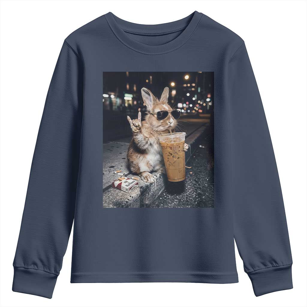 Funny Bunny Drinking Iced Coffee Youth Sweatshirt Vintage 90s Graphic Meme TS14 Navy Print Your Wear