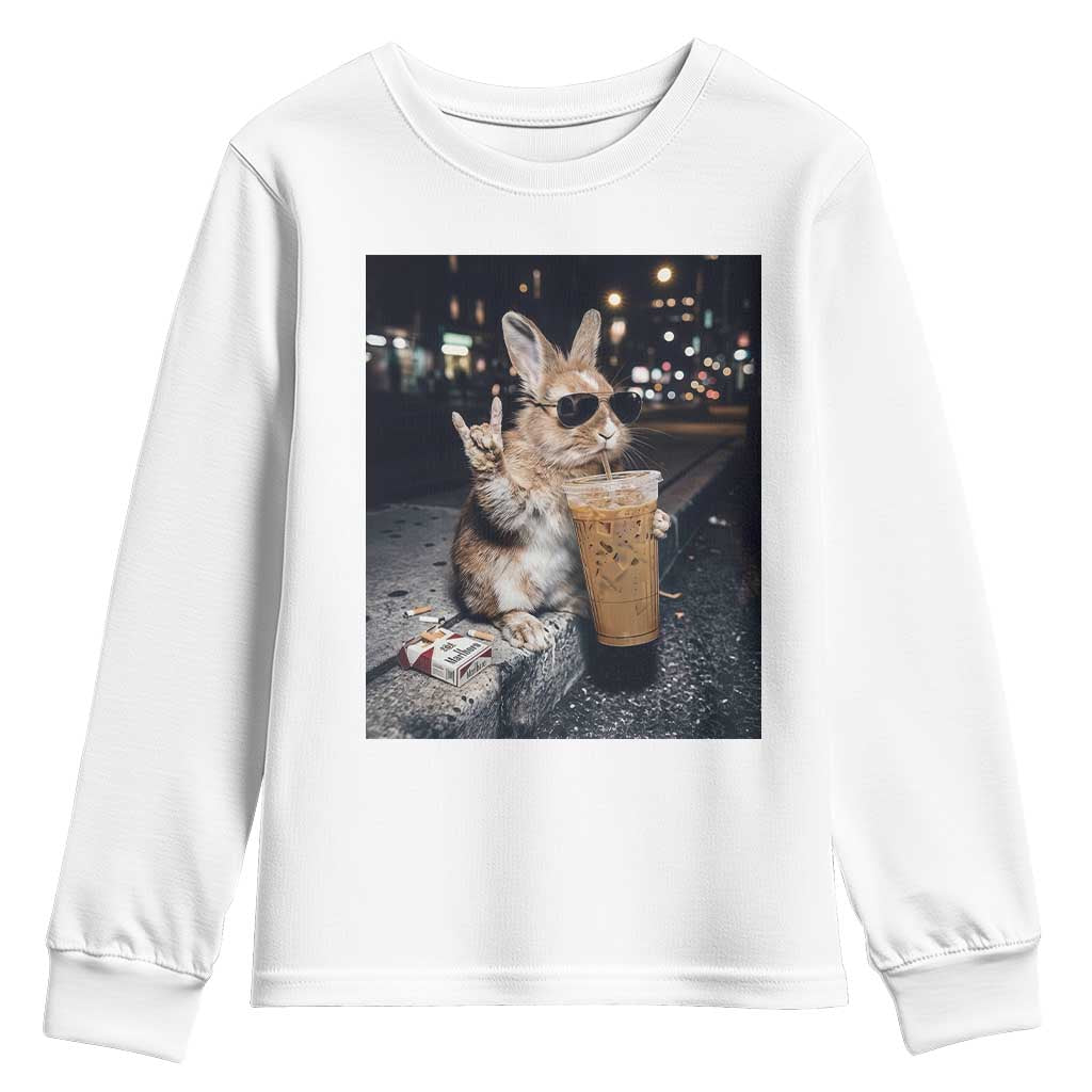 Funny Bunny Drinking Iced Coffee Youth Sweatshirt Vintage 90s Graphic Meme TS14 White Print Your Wear