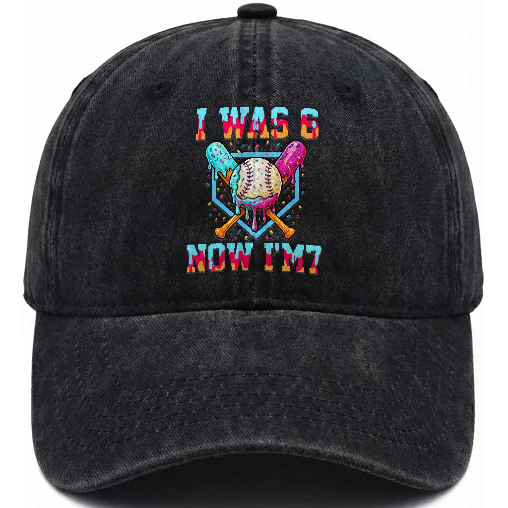 I Was 6 Now I'm 7 Washed Cotton Baseball Cap Baseball Ice Cream Drip Number 67 Player 67th Birthday TS14 Print Your Wear