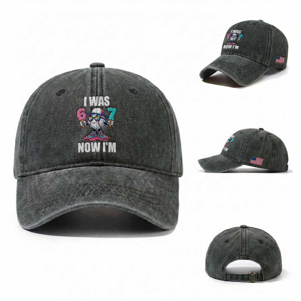 I Was 6 Now I'm 7 Washed Cotton Baseball Cap Baseball Ice Cream Drip Number 67 Player TS14 Washed Cap Universal Fit Dark Green Print Your Wear