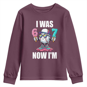 I Was 6 Now I'm 7 Youth Sweatshirt Baseball Ice Cream Drip Number 67 Player TS14 Maroon Print Your Wear