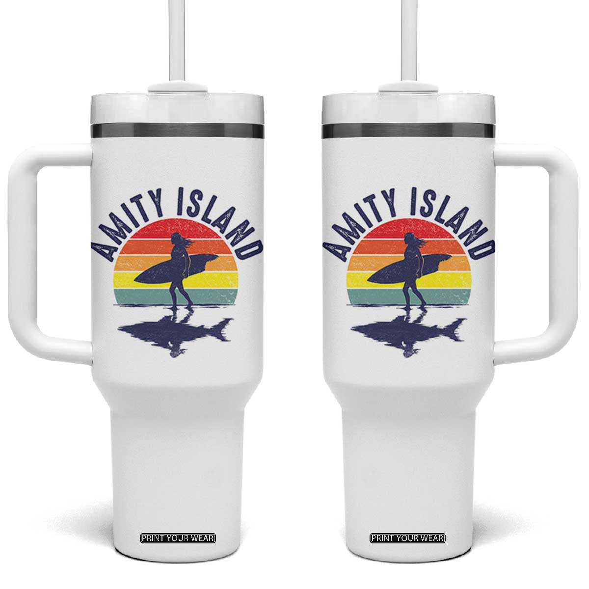 Amity Island Tumbler With Handle Retro Surfing Board Humor TS14 One Size: 40 oz White Print Your Wear