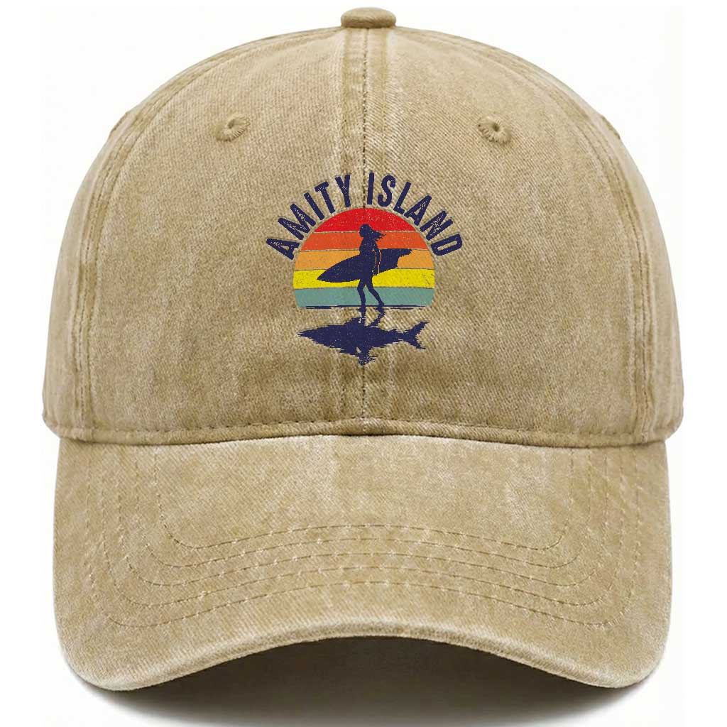 Amity Island Washed Cotton Baseball Cap Retro Surfing Board Humor TS14 Washed Cap Universal Fit Khaki Print Your Wear