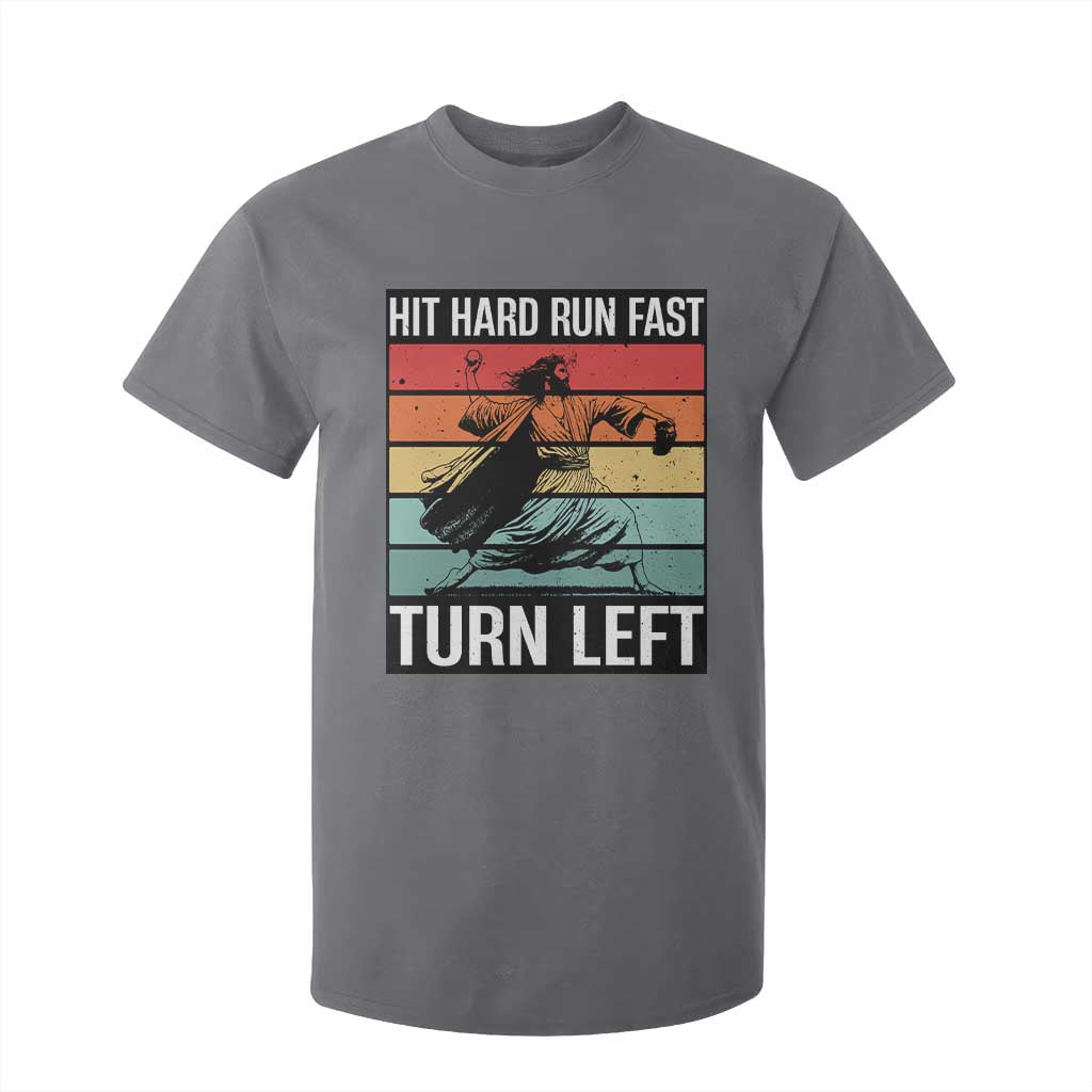 Hit Hard Run Fast Turn Left T Shirt For Kid Funny Jesus Baseball Player TS14 Charcoal Print Your Wear